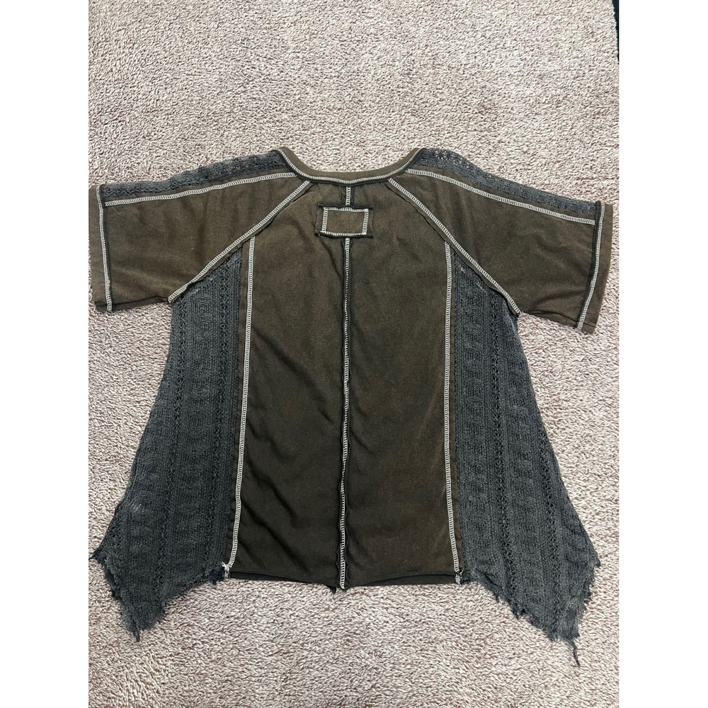POL Top L Washed Black Brown Crochet Lace Sharkbite Hem Boho Lagenlook - Picture 6 of 11